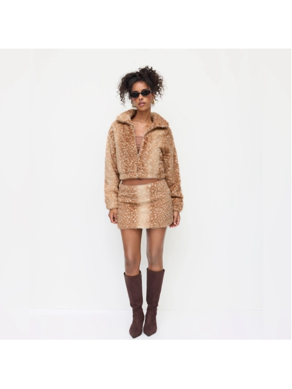 Cider FAUX FUR DEER LOW RISE ANIMAL PRINT HALF ZIP MINI SKIRT XS CM2-10